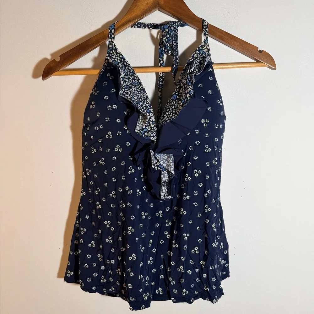 Michael Kors Navy Floral Ruffle Swim Top